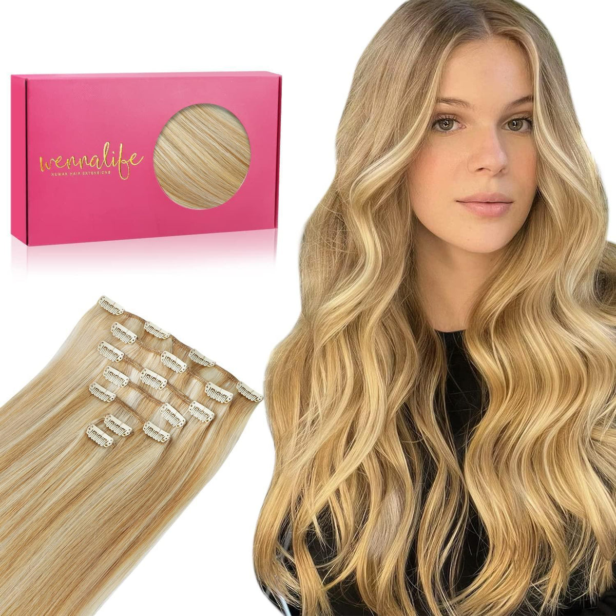 Echthaar Clip-in Extensions Karamellblond Highlights 55cm