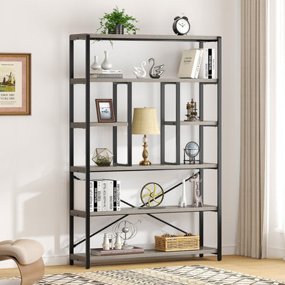 Industrielles Bücherregal mit 6 Etagen, Holz & Metall, Hellgraue Eiche
