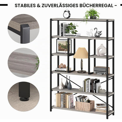 Industrielles Bücherregal mit 6 Etagen, Holz & Metall, Hellgraue Eiche