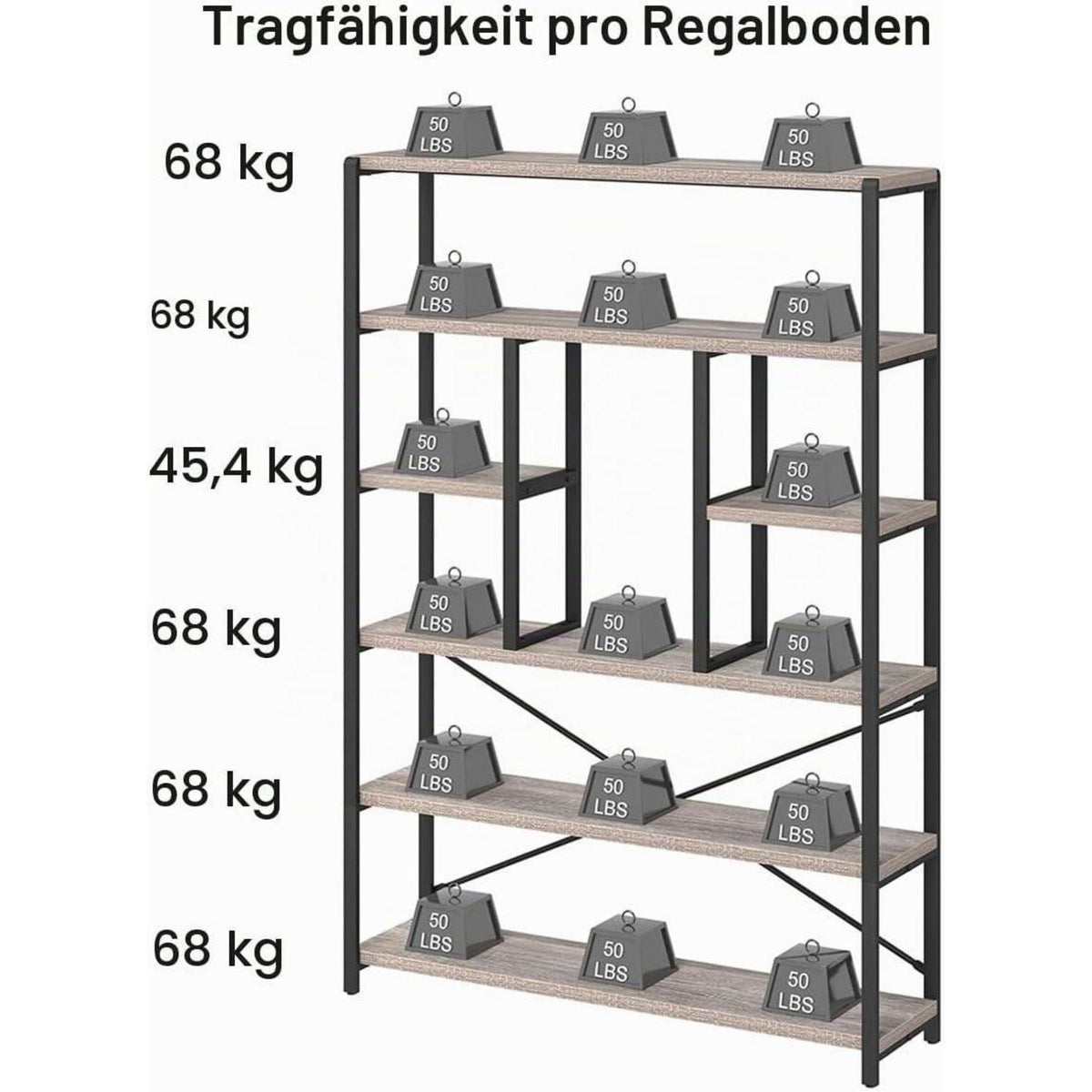 Industrielles Bücherregal mit 6 Etagen, Holz & Metall, Hellgraue Eiche