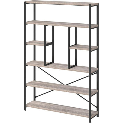 Industrielles Bücherregal mit 6 Etagen, Holz & Metall, Hellgraue Eiche