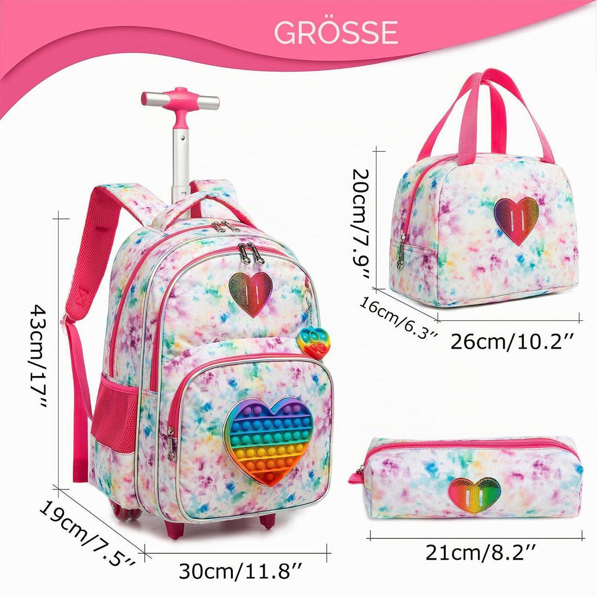 Schulranzen mit Rollen für Mädchen – 3in1 Set mit Lunch Bag