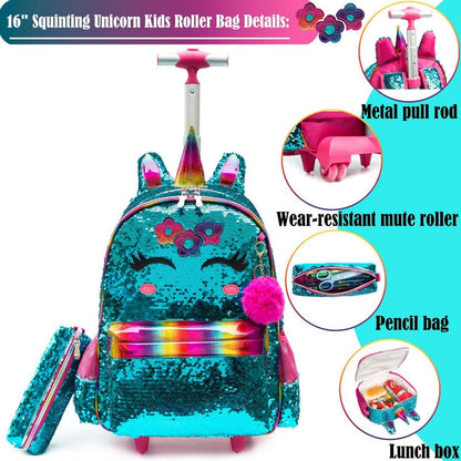 16" Rollrucksack Kinder Mädchen – 3er Set Grün