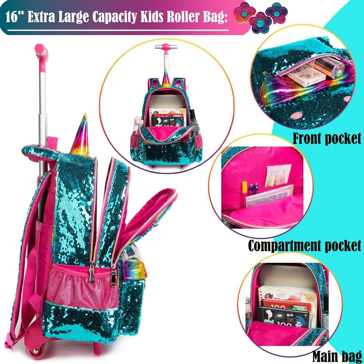 16" Rollrucksack Kinder Mädchen – 3er Set Grün