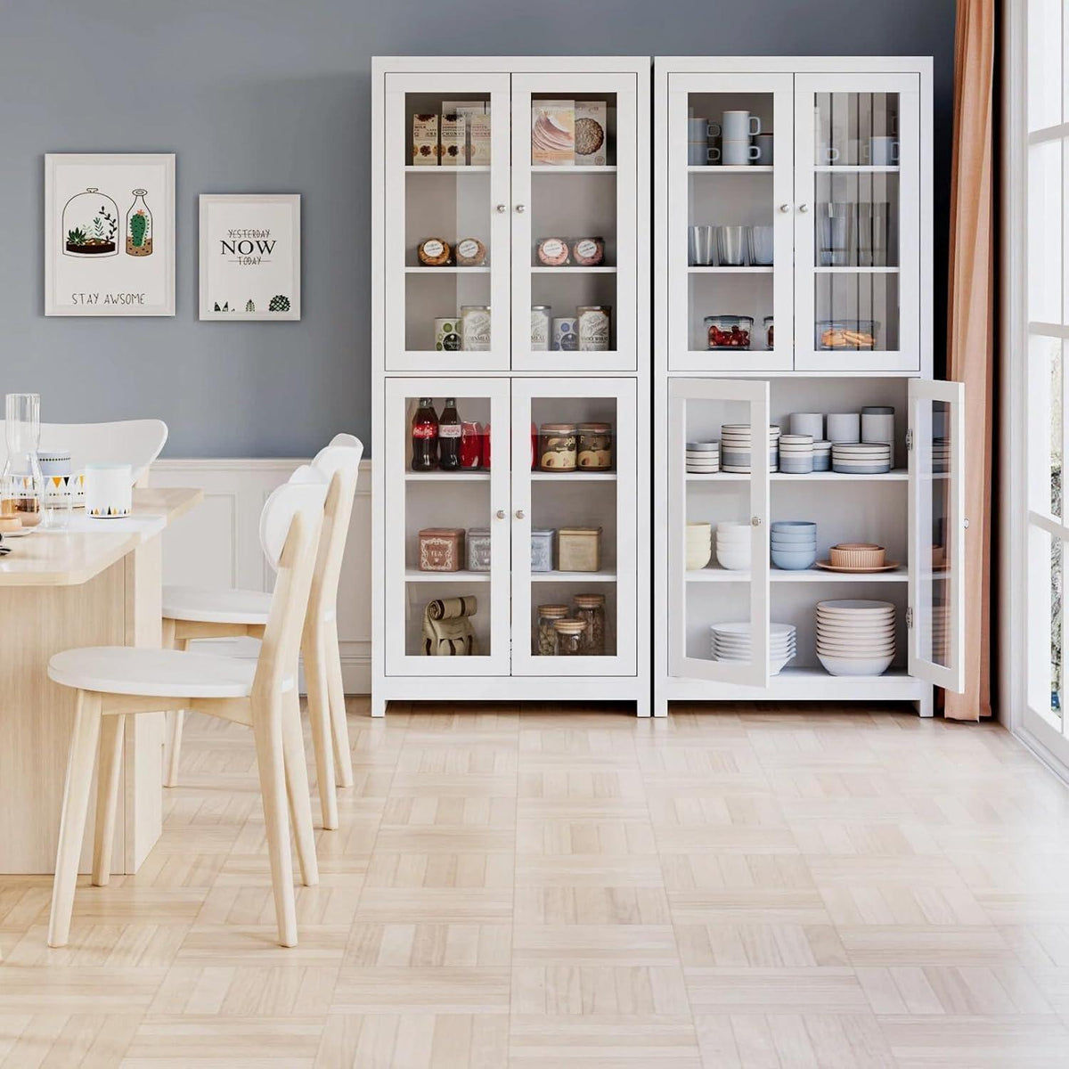 Vitrinenschrank 190 cm | Bücherregal mit 4 Glastüren & 6 Fächern, Weiß