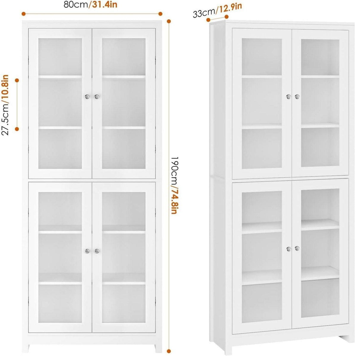 Vitrinenschrank 190 cm | Bücherregal mit 4 Glastüren & 6 Fächern, Weiß