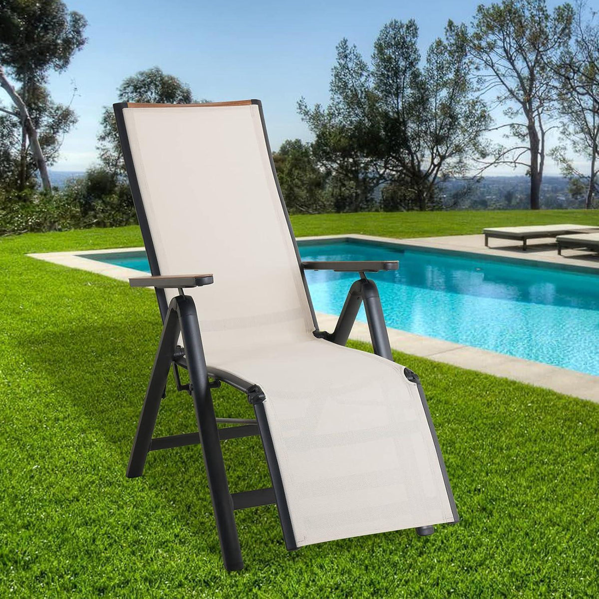 Aluminium Liegestuhl Hochlehner klappbar, 6-fach verstellbar, Beige