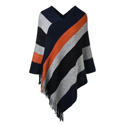 Damen Poncho Pullover mit Fransen, marineblau & schwarz