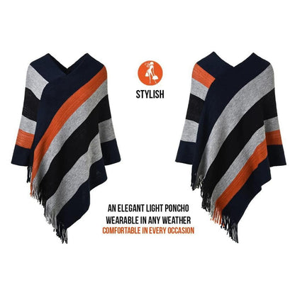 Damen Poncho Pullover mit Fransen, marineblau & schwarz