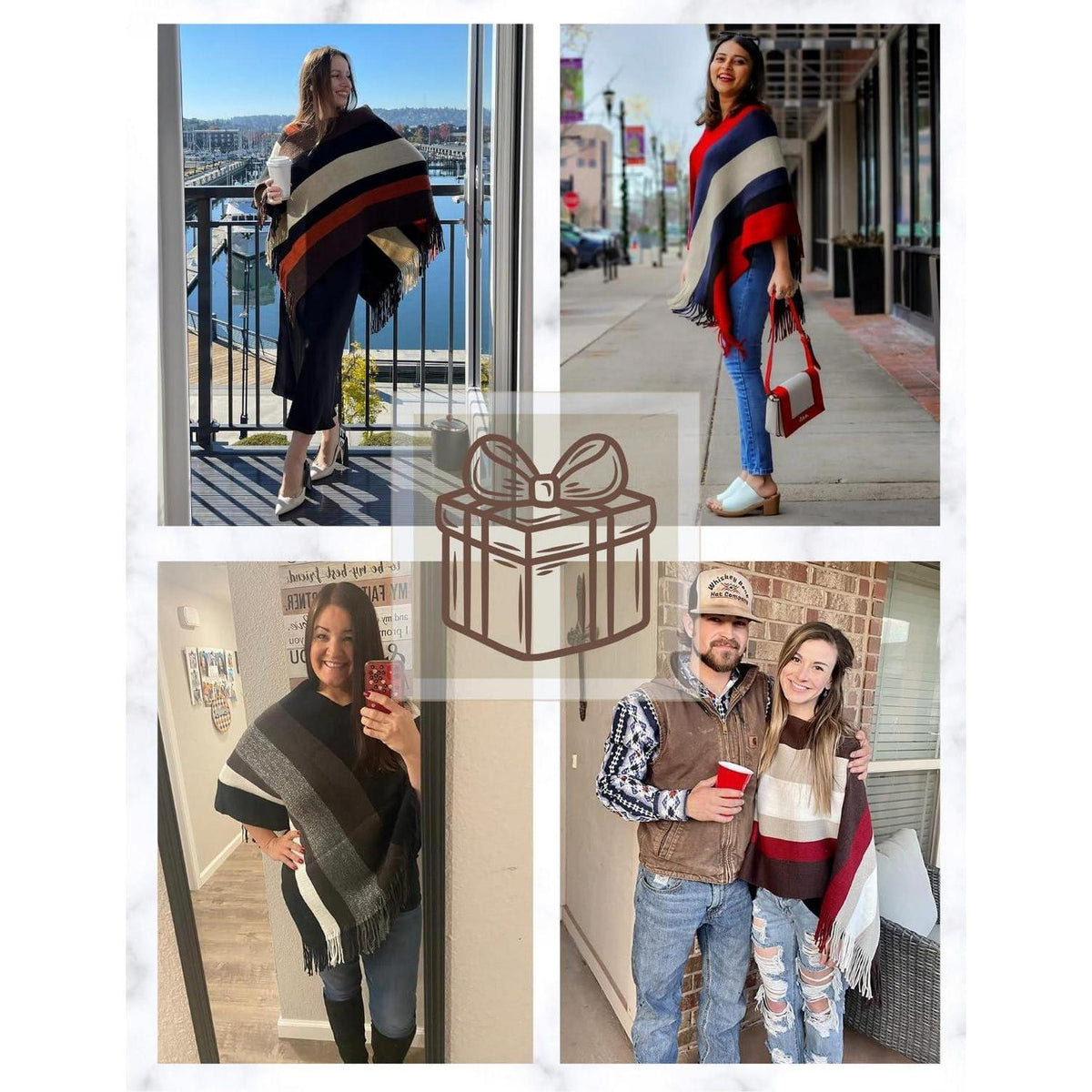 Damen Poncho Pullover mit Fransen, marineblau & schwarz