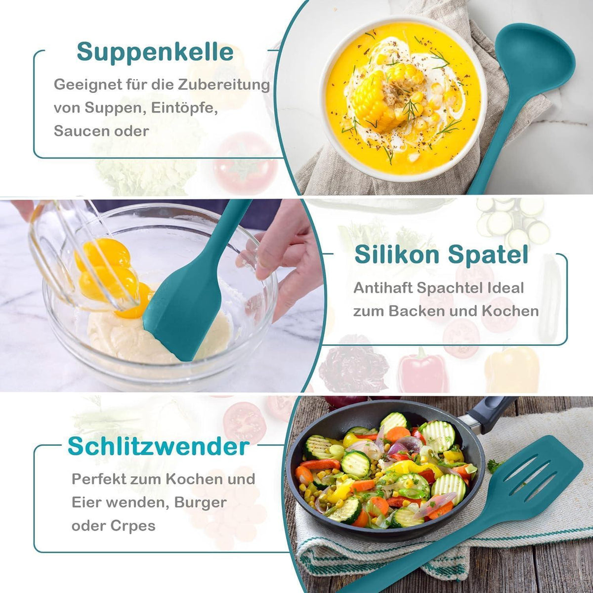 8-teiliges Silikon Küchenhelfer Set, Hitzebeständig, Dunkelblau