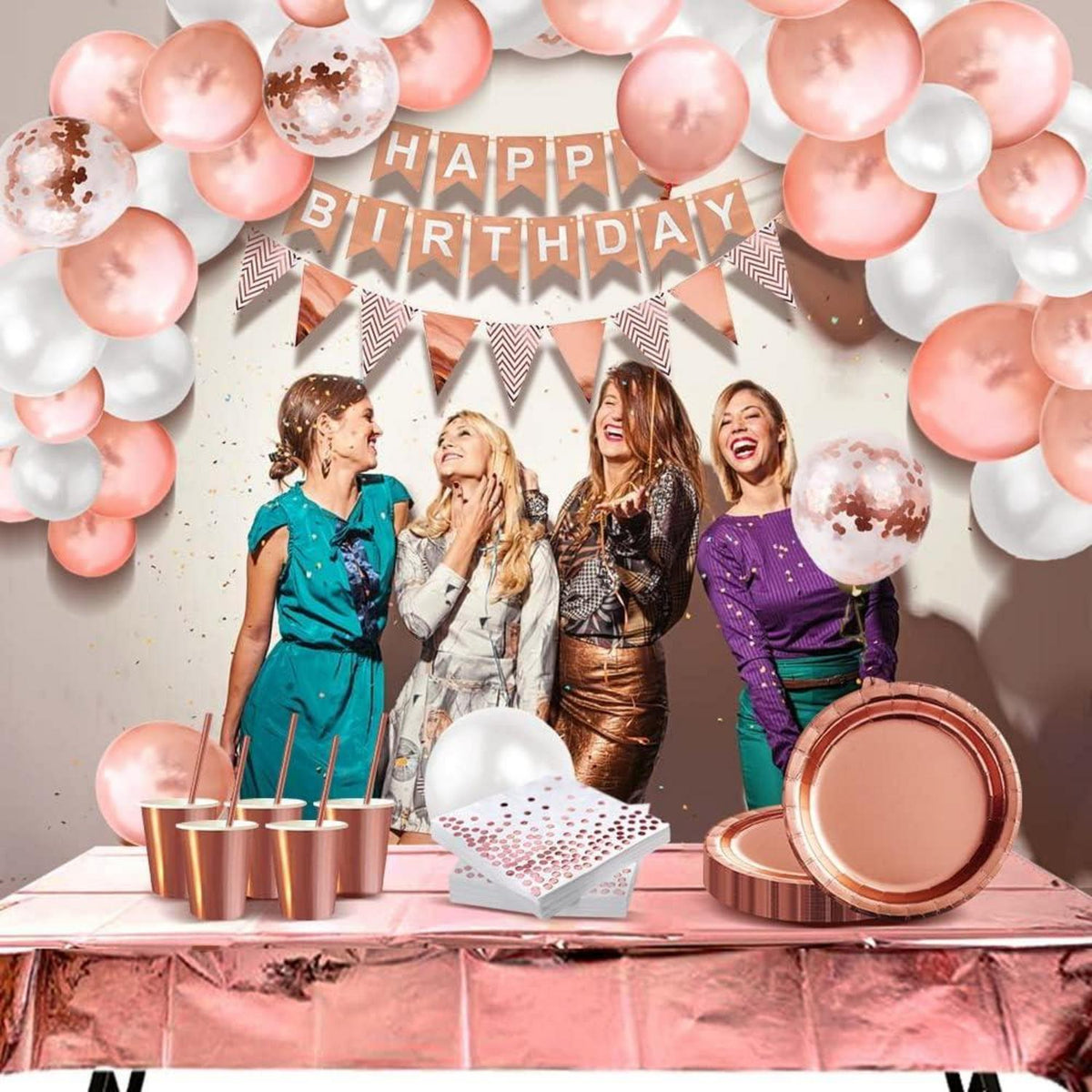 Partydeko Set Happy Birthday Girlande Luftballons Tischdecke Konfetti Pappteller