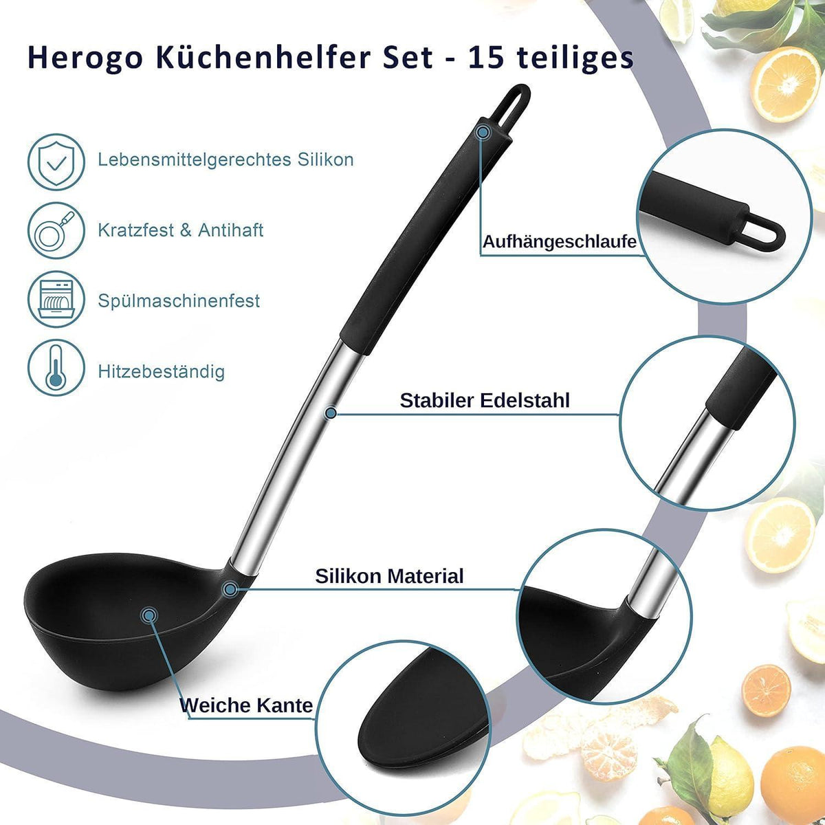 15-teiliges Küchenhelfer Set aus Silikon mit Halter, Hitzebeständig