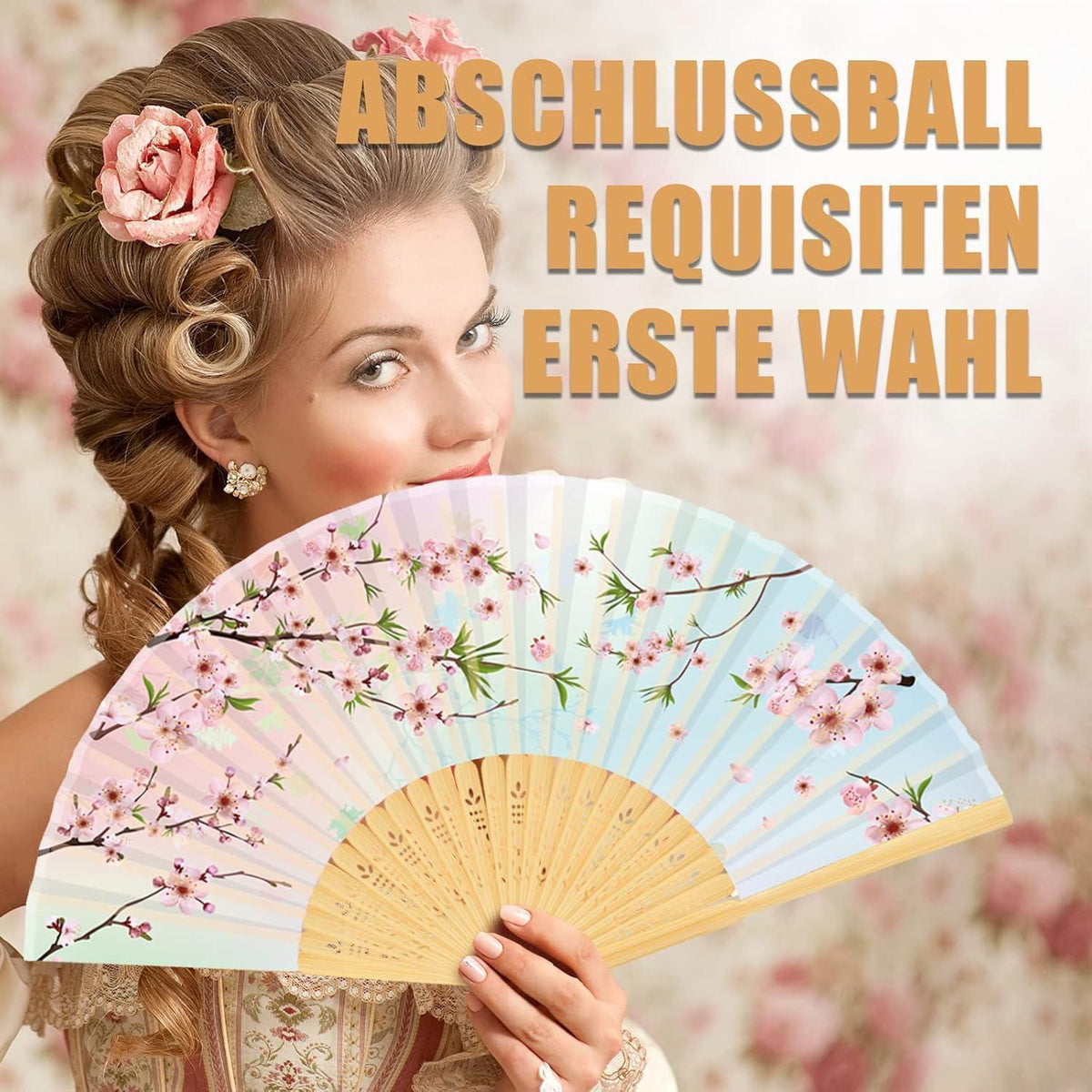 Handfächer Set für Hochzeiten & Partys – 4er Pack Bambus Seide mit Pflaumenmuster