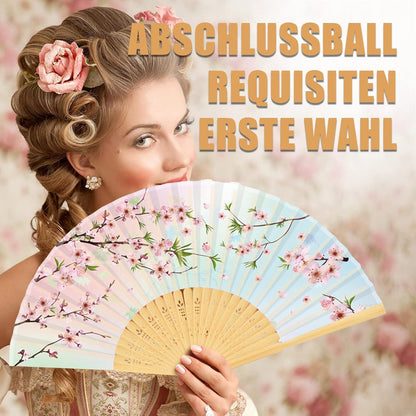 Handfächer Set für Hochzeiten & Partys – 4er Pack Bambus Seide mit Pflaumenmuster