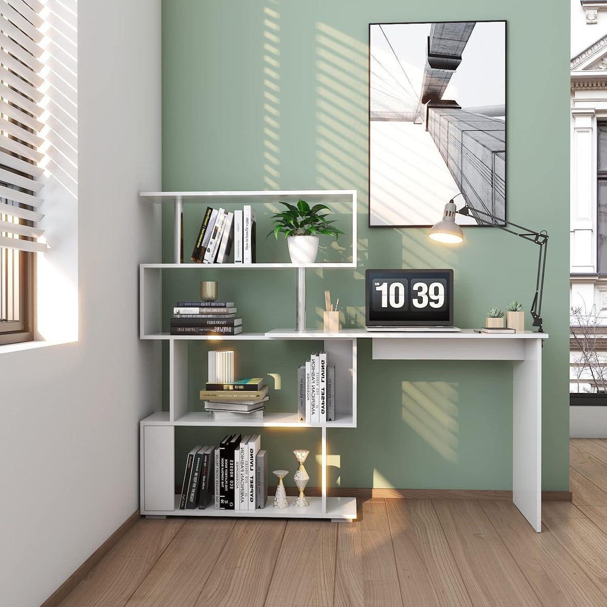 L-Schreibtisch mit drehbarem Bücherregal, Weiß