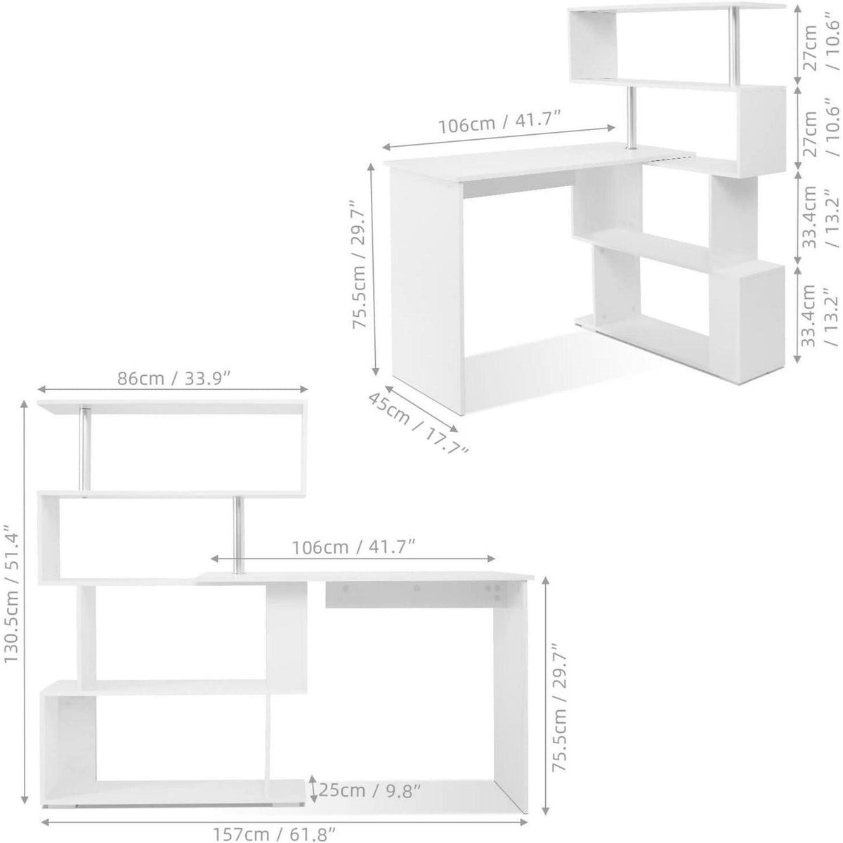 L-Schreibtisch mit drehbarem Bücherregal, Weiß