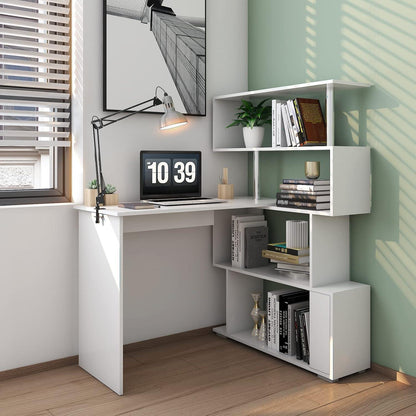 L-Schreibtisch mit drehbarem Bücherregal, Weiß