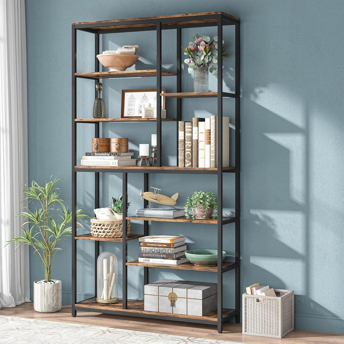 Freistehendes Bücherregal mit 8 Ebenen, Rustikales Braun