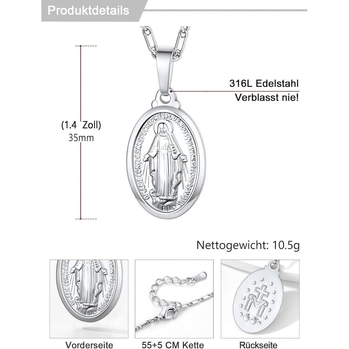 Oval Anhänger Halskette Jungfrau Maria Messing/925 Sterling Silber