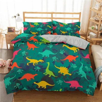 Cartoon Dino Bettwäsche Set 220x240cm – Kinderbettwäsche mit 2 Kissenbezügen