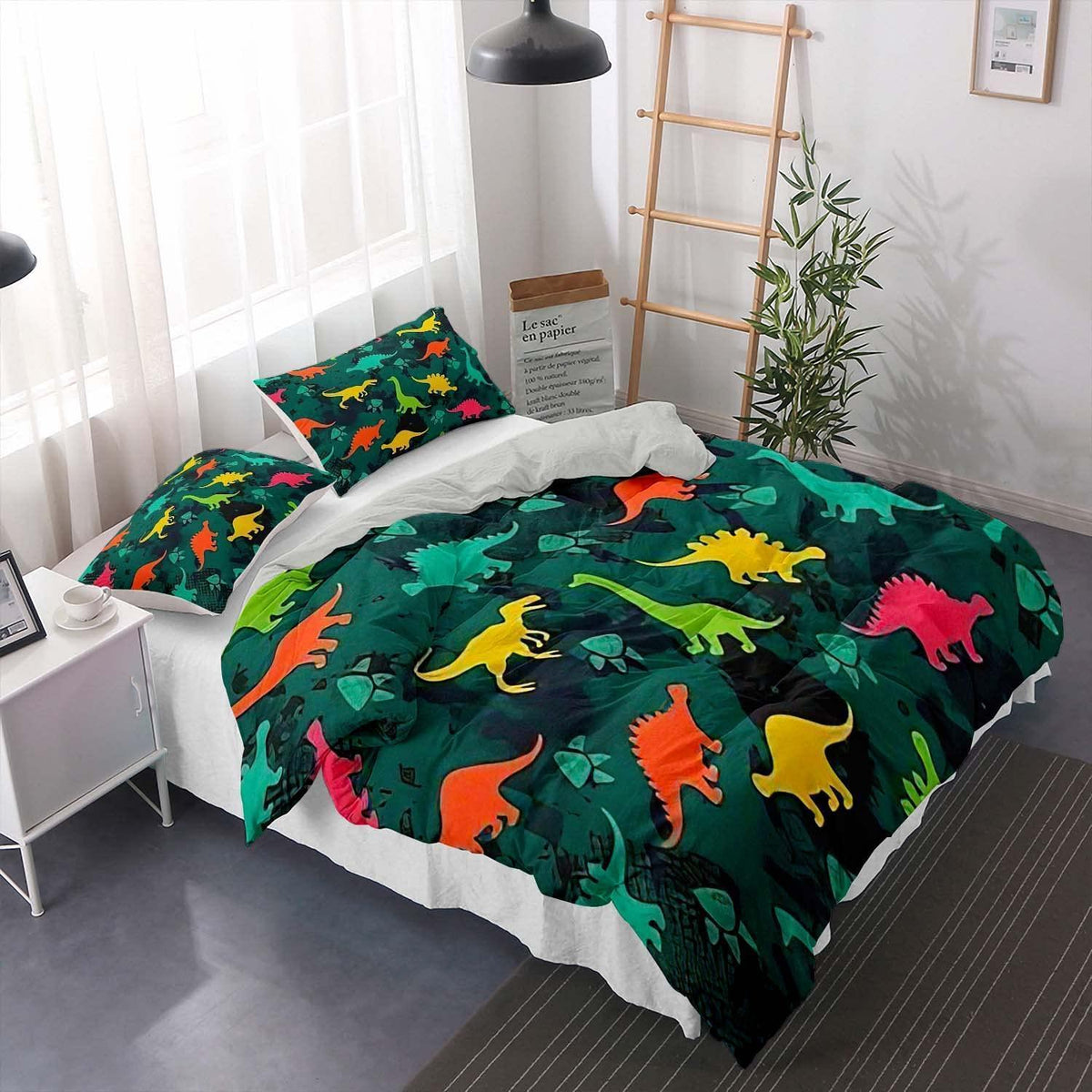 Cartoon Dino Bettwäsche Set 220x240cm – Kinderbettwäsche mit 2 Kissenbezügen