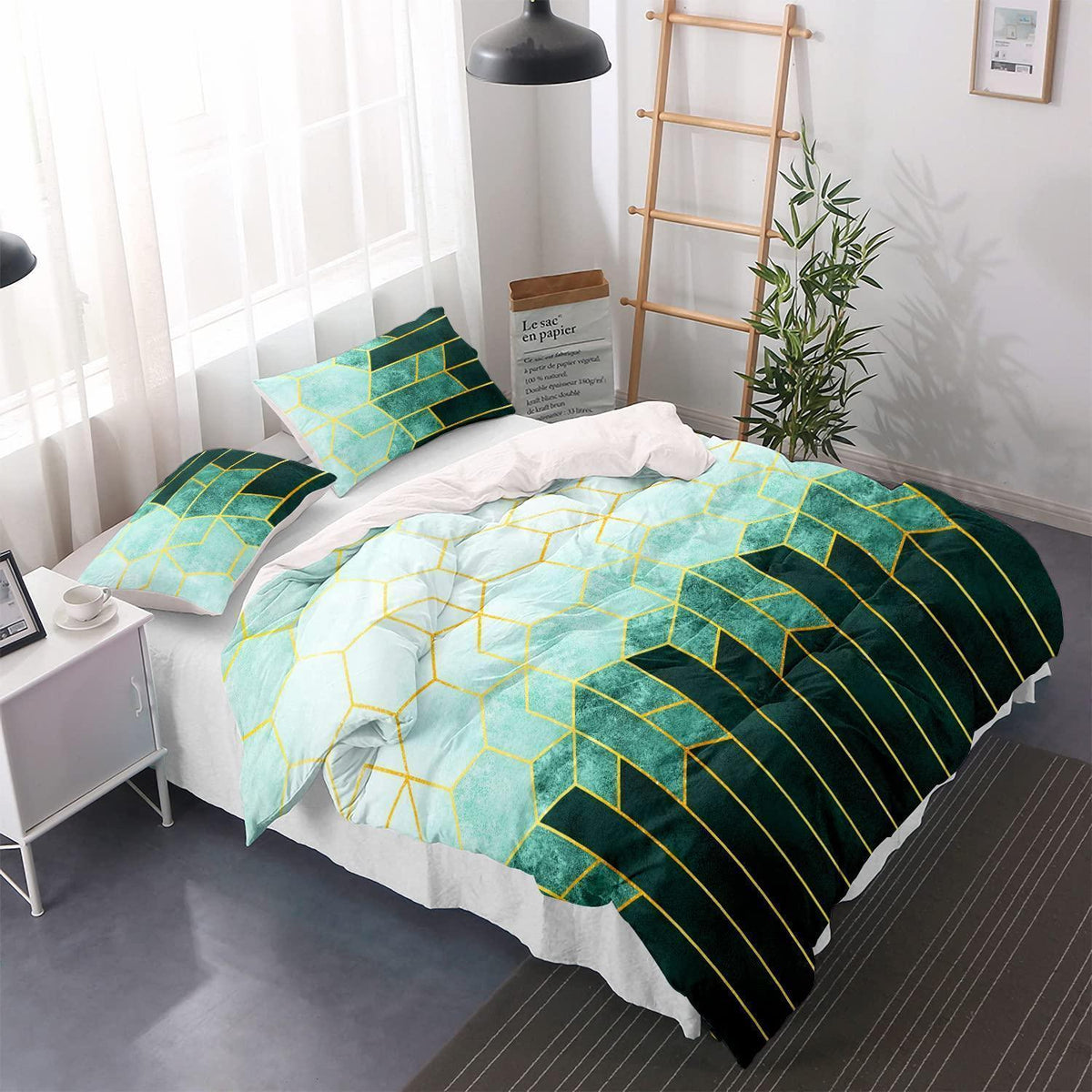 Grüne Bettwäsche 200x200cm | Gestreiftes Bettbezug-Set mit 2 Kissenbezügen