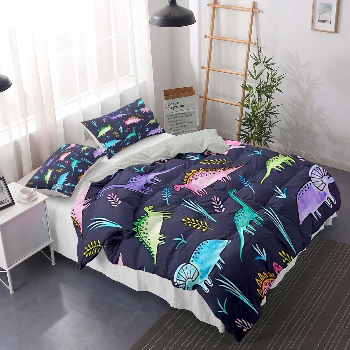 Cartoon Dino Bettwäsche Set 200x220cm – Kinderbettwäsche mit 2 Kissenbezügen