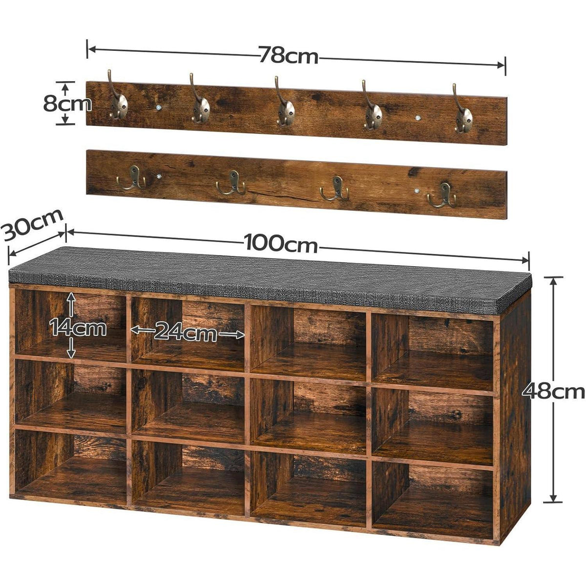 Garderobe mit Schuhbank und 12 Fächern, Vintagebraun