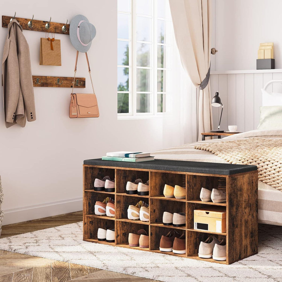 Garderobe mit Schuhbank und 12 Fächern, Vintagebraun