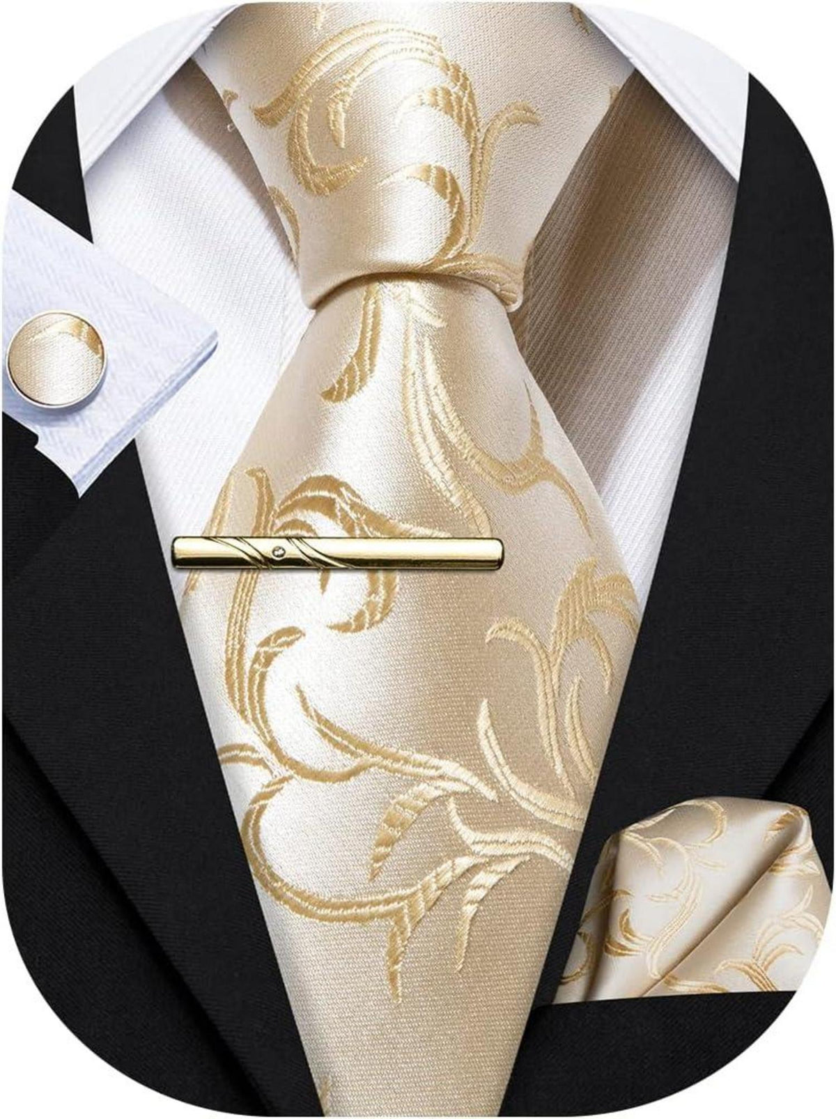 Seidige Beige Satin Krawatte mit Einstecktuch und Manschettenknopf