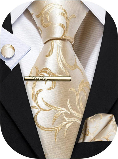 Seidige Beige Satin Krawatte mit Einstecktuch und Manschettenknopf