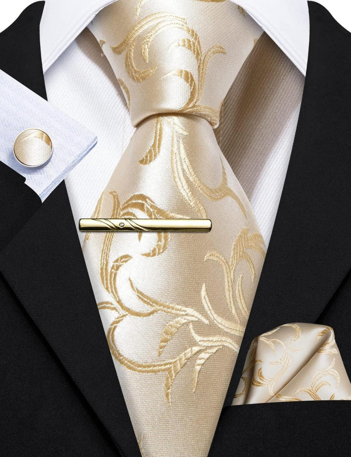Seidige Beige Satin Krawatte mit Einstecktuch und Manschettenknopf