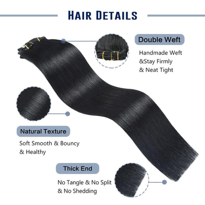 Echthaar Verlängerung Clip In – Tiefschwarz Remy Haar 50cm