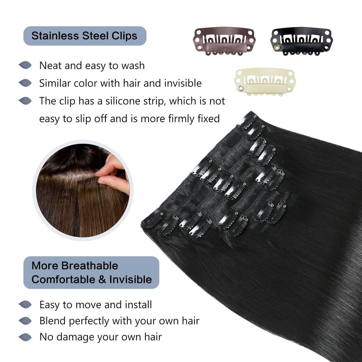 Clip In Echthaar Extensions Schwarz 40cm 120g