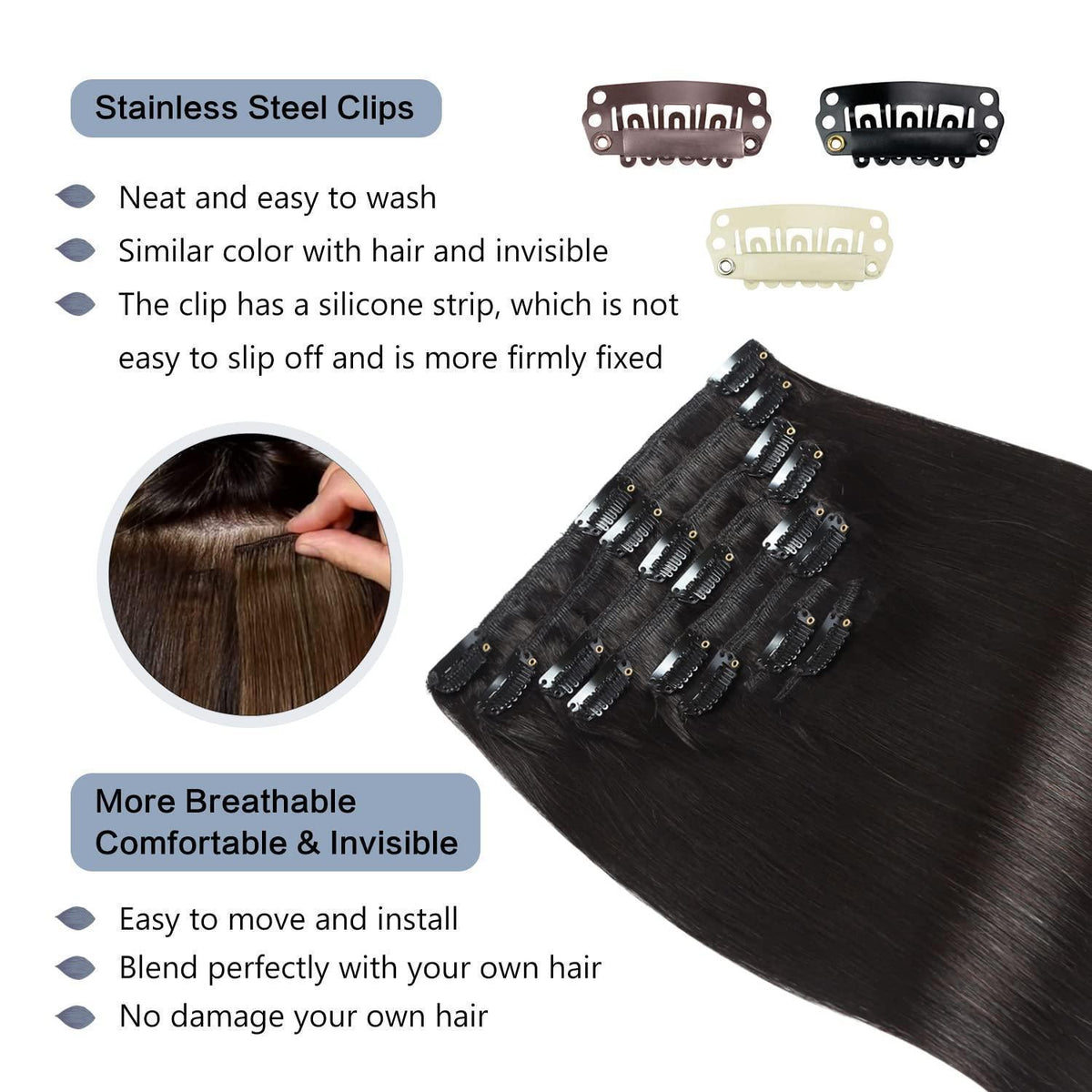 Clip In Echthaar Verlängerung Schwarz 45cm 120g Remy