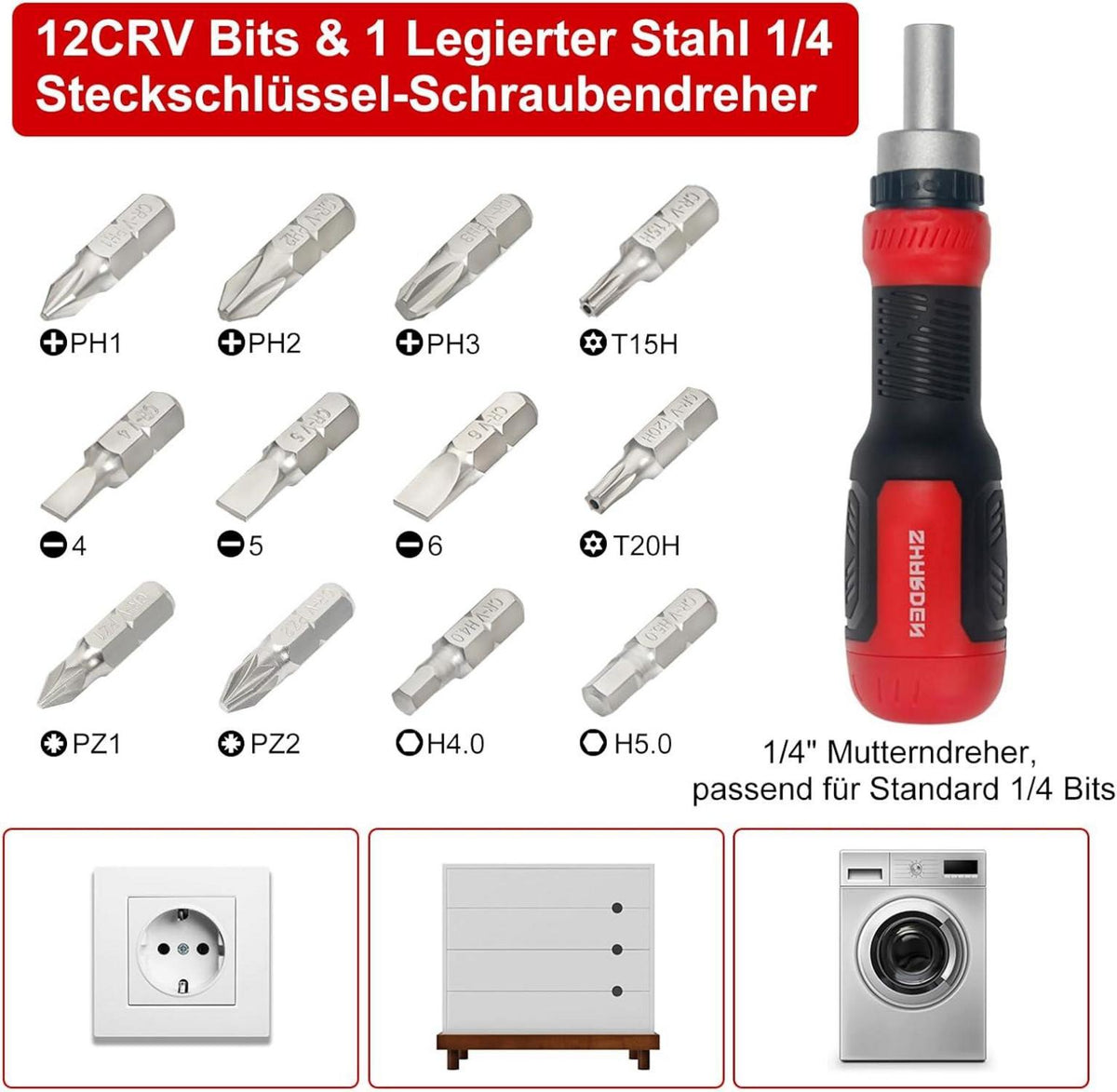 13-in-1 Ratschen-Schraubendreher Multitool mit CRV-Stahl-Bits