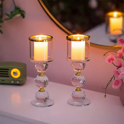 Kristall Kerzenständer Set Gold, 2 Stück Glas Kerzenhalter für Stumpenkerzen