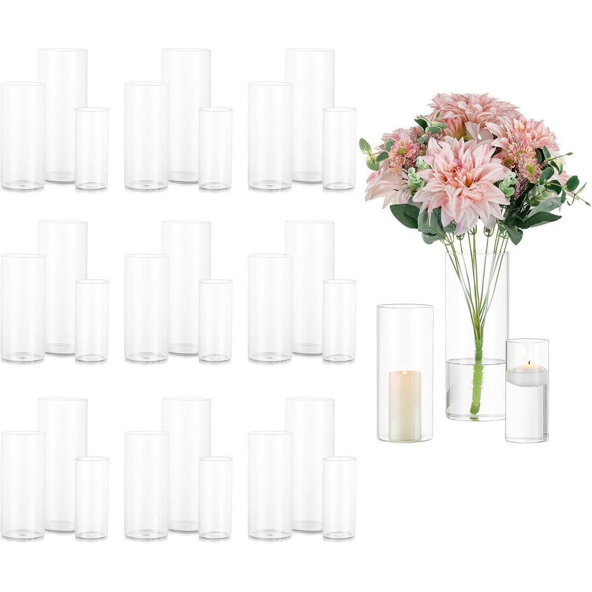 Glasvasen Zylinder 10er Set Klar 15-25cm für Blumen & Kerzen