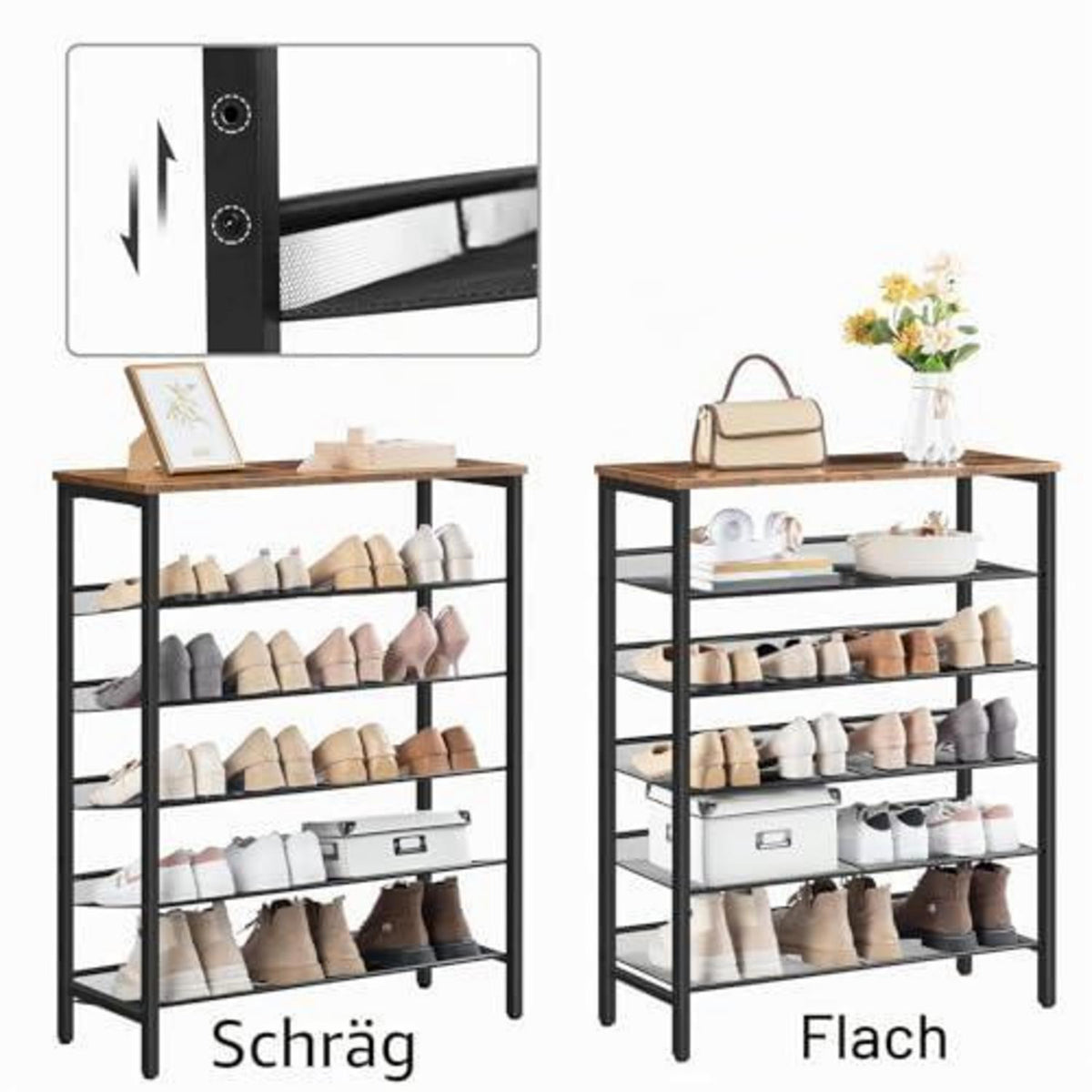 6-lagiges Schuhregal verstellbar – Vintagebraun & Schwarz