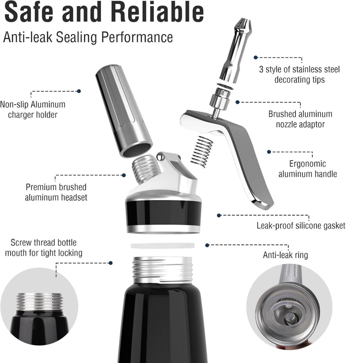 Sahnespender 500ml Aluminium Schwarz + 3 Edelstahldüsen