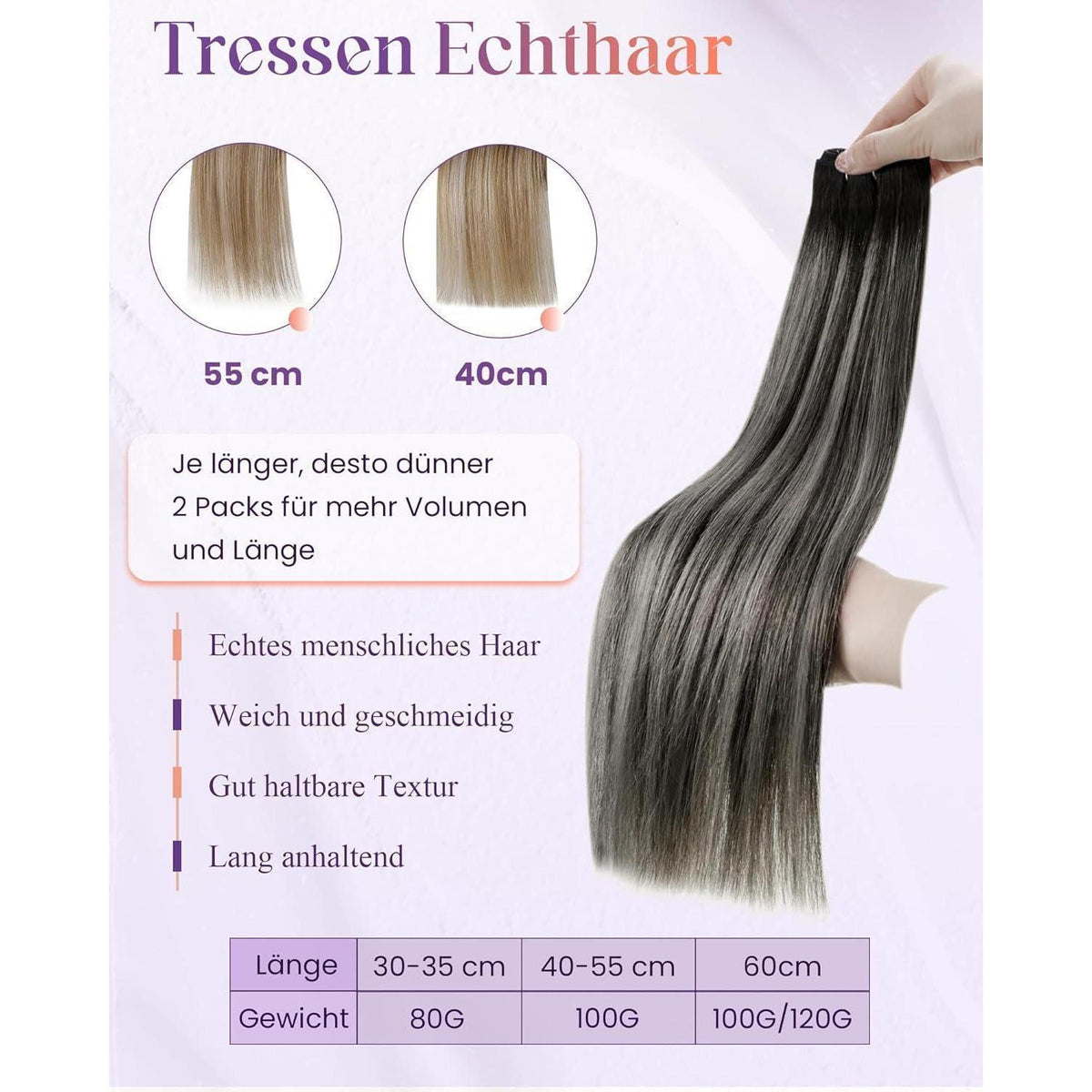 Echthaar Tressen Balayage Schwarz Silber 55cm - 100g