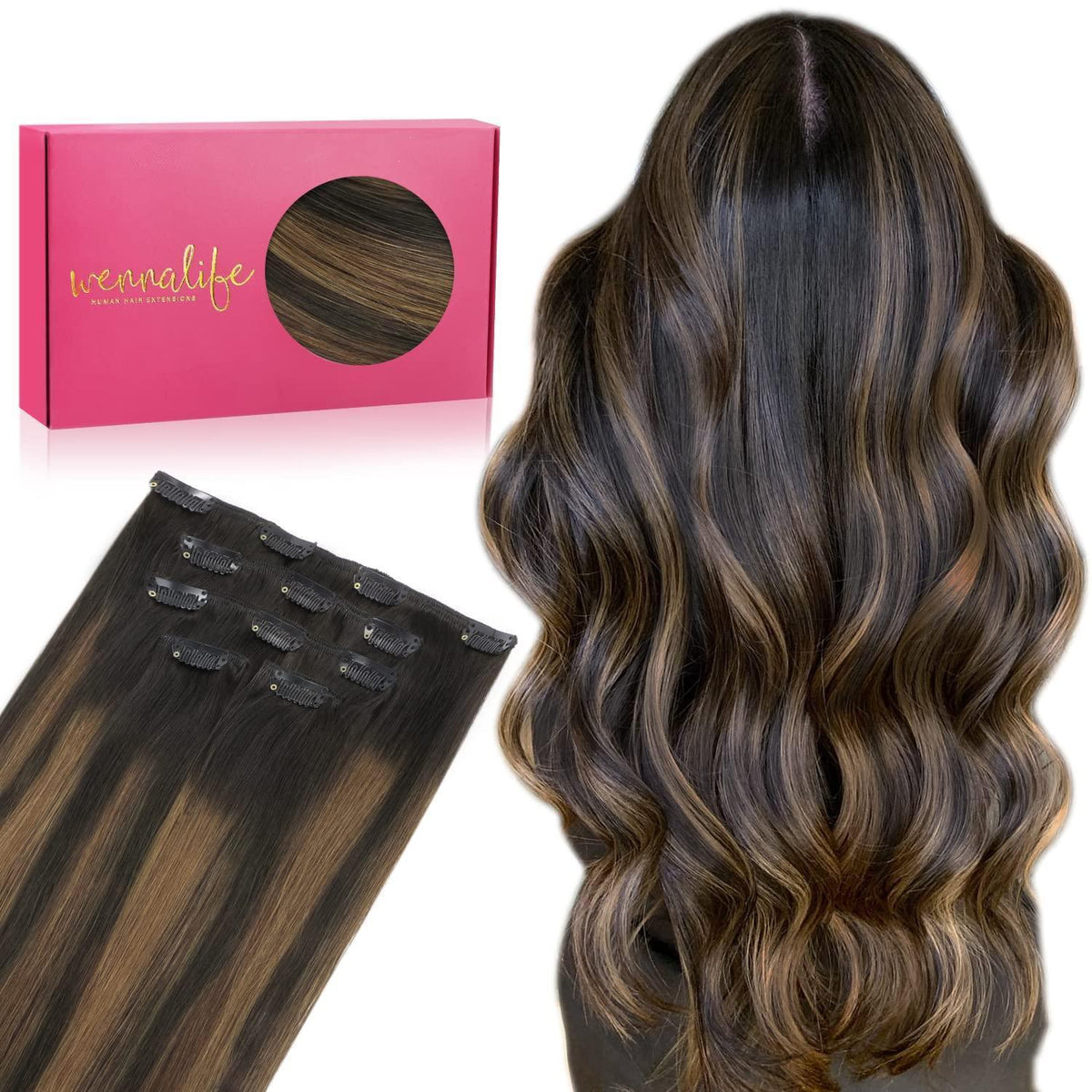 Clip-in Haarverlängerung Echthaar Balayage Dunkelbraun-Kastanienbraun