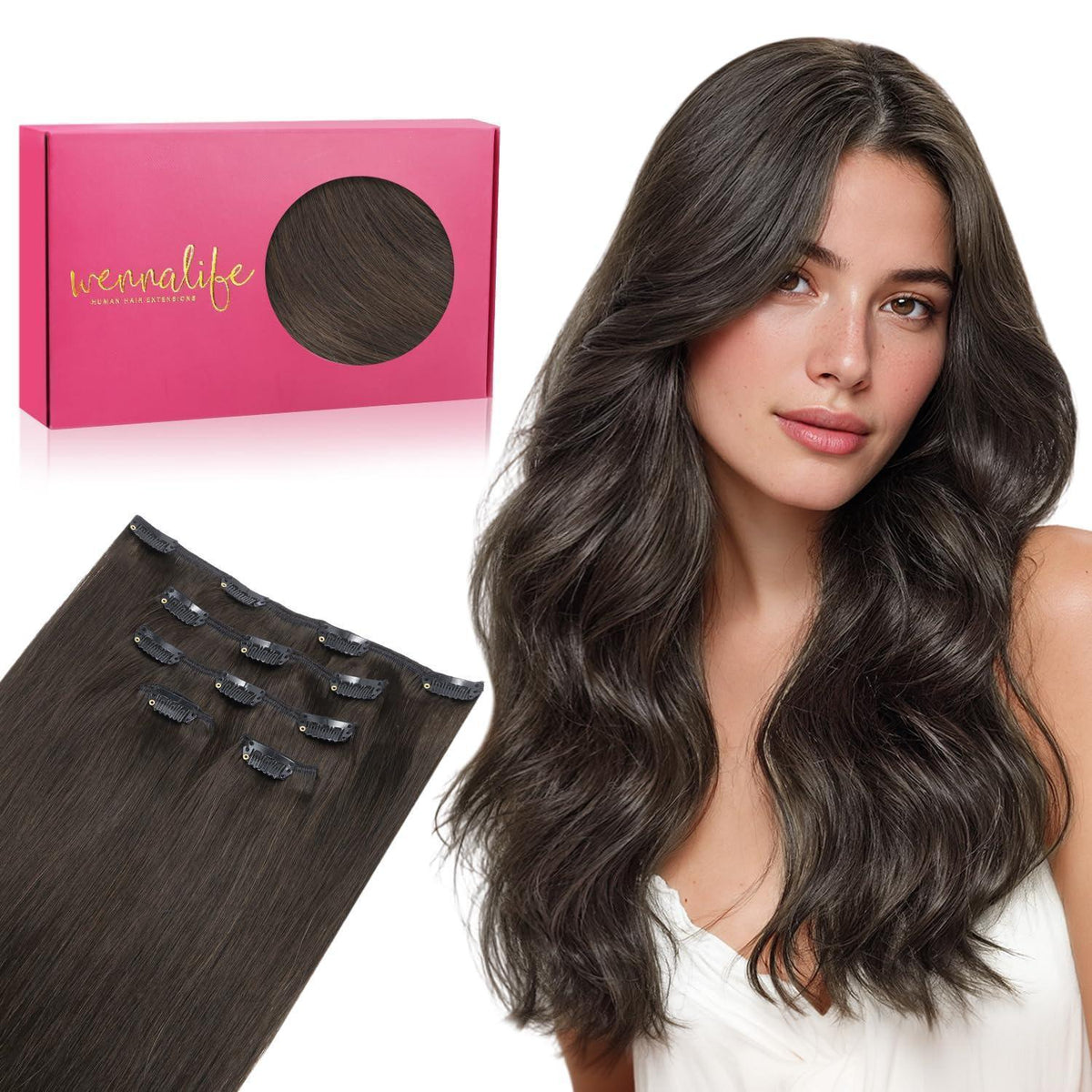 Echthaar Clip-in Extensions Dunkelbraun 50cm - 80g