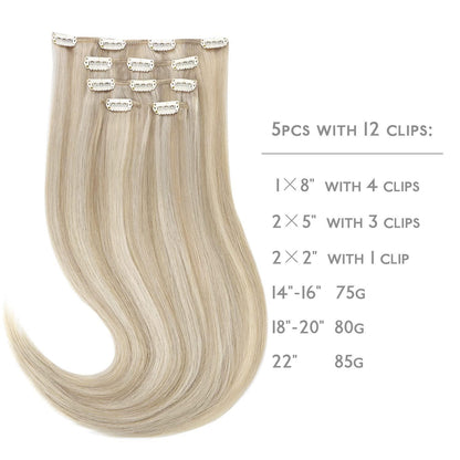 Echthaar Clip-in Extensions Aschblond Highlights Platinblond 55cm