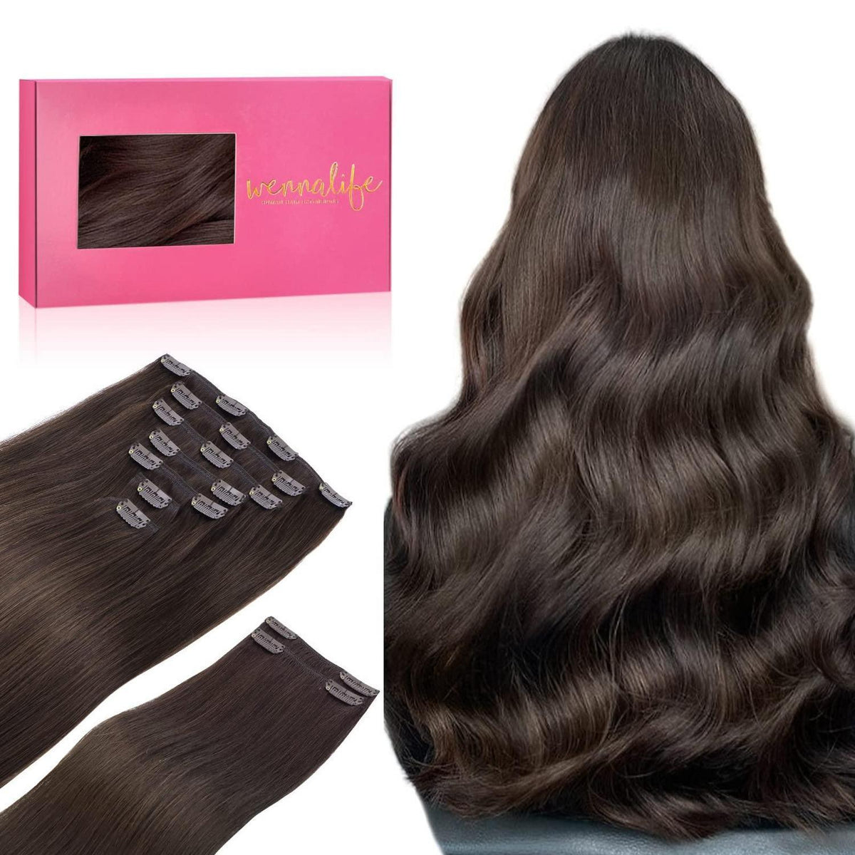 Clip-in Haarverlängerung Echthaar 35cm Dunkelbraun/Hellbraun