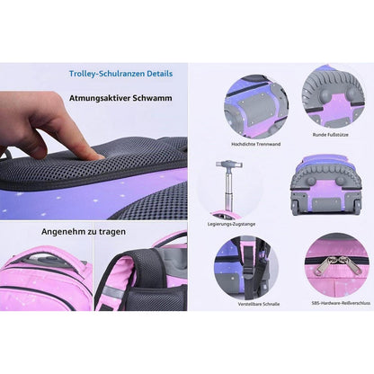 Trolley Rucksack mit Rollen – Wasserdichter Kinder Schulranzen Pink Lila