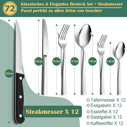 72-teiliges Besteckset Edelstahl für 12 Personen mit Steakmessern