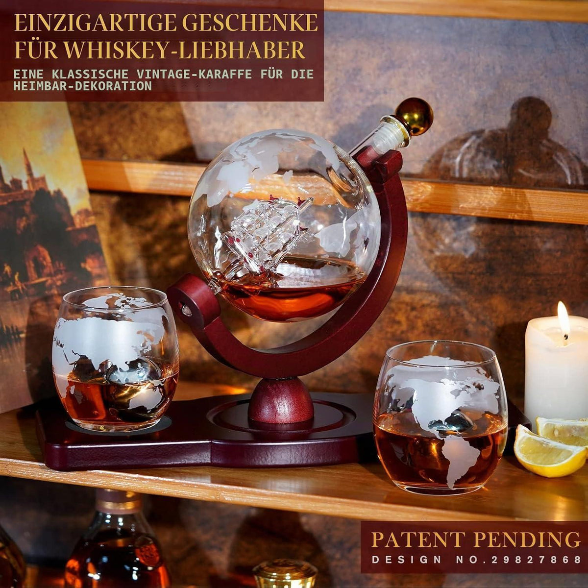 Globus Whiskey Dekanter Set mit Gläsern & Kugelsteinen