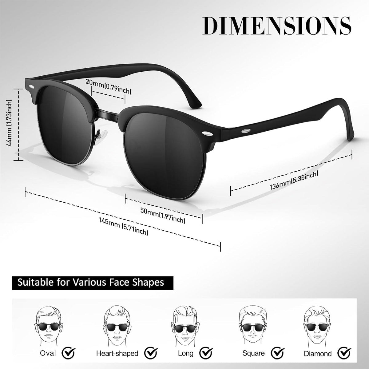 Polarisierte Sonnenbrille Herren Damen Retro UV400 Halbrahmen Schwarz Gold